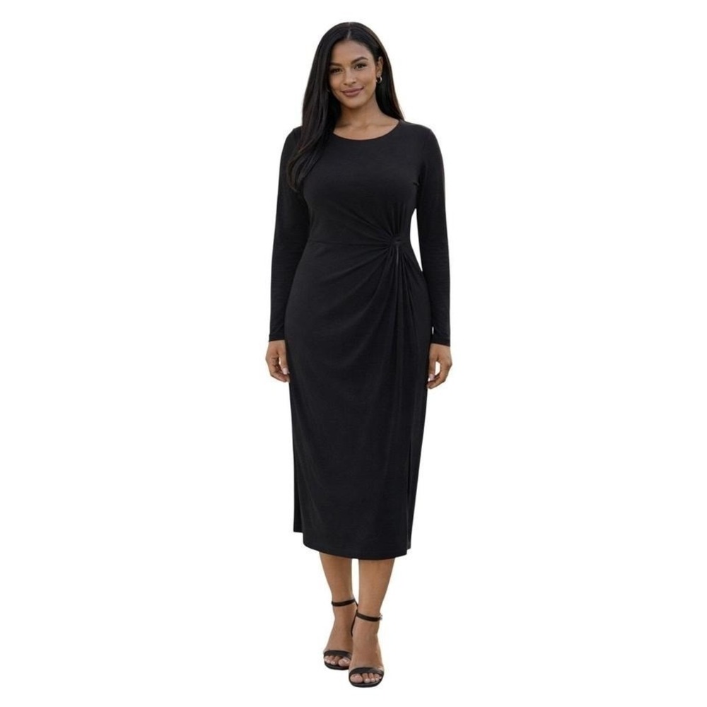 Good American Black Side Knot Draped Midi Dress Size 4 XL Long Sleeve